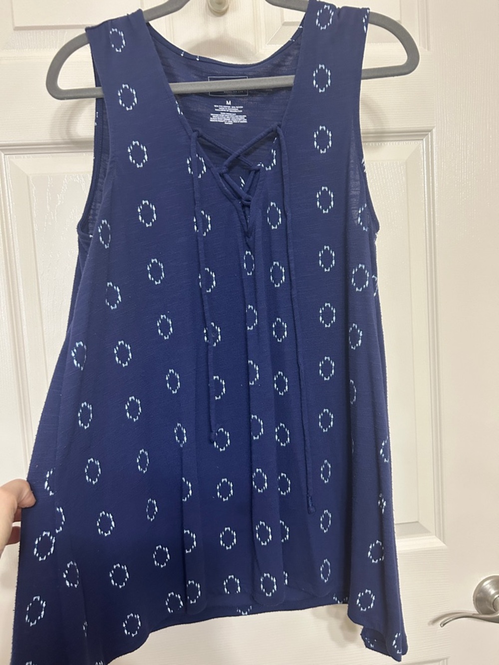 Sonoma Navy Blue Lace-Up Tank Western Vibes White Pattern Relaxed Fit A-line M